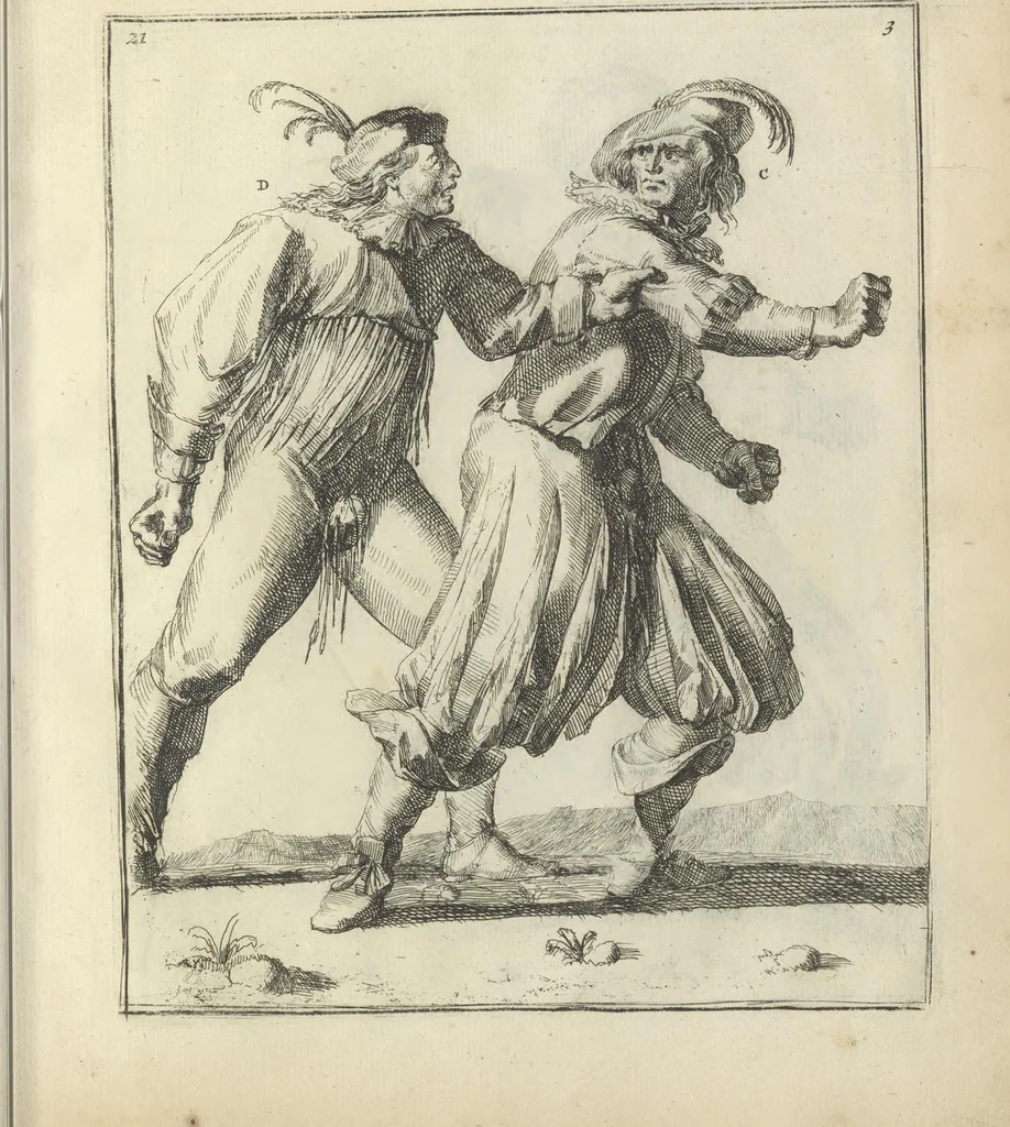 An illustration from Der Künstliche Ringer : oder dess Weyland Wolgeübeten und Berühmten Ring-Meisters Niclaus Petters Kurtze, jedoch Klare Unterweisung und Anleitung zu der Fürtrefflichen Ringe-Kunst: Daraus zulehrnen, evie man sich bey allerhand vorfallenden Schlägereyen fürsichtig beschützen, alle unredliche Anfälle ... abkehren, und seinem bosshafften Ansprenger Kunstgeschicklich begegnen könne, 1674, leaf 70
