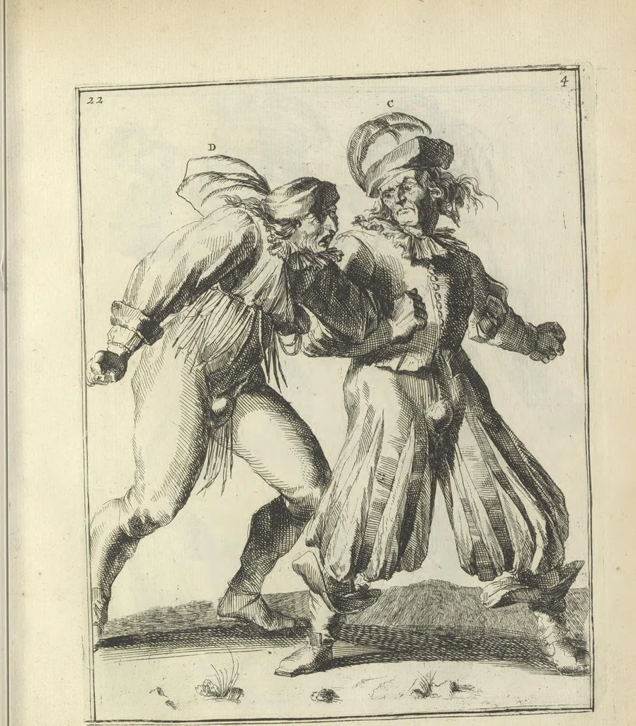 An illustration from Der Künstliche Ringer : oder dess Weyland Wolgeübeten und Berühmten Ring-Meisters Niclaus Petters Kurtze, jedoch Klare Unterweisung und Anleitung zu der Fürtrefflichen Ringe-Kunst: Daraus zulehrnen, evie man sich bey allerhand vorfallenden Schlägereyen fürsichtig beschützen, alle unredliche Anfälle ... abkehren, und seinem bosshafften Ansprenger Kunstgeschicklich begegnen könne, 1674, leaf 72