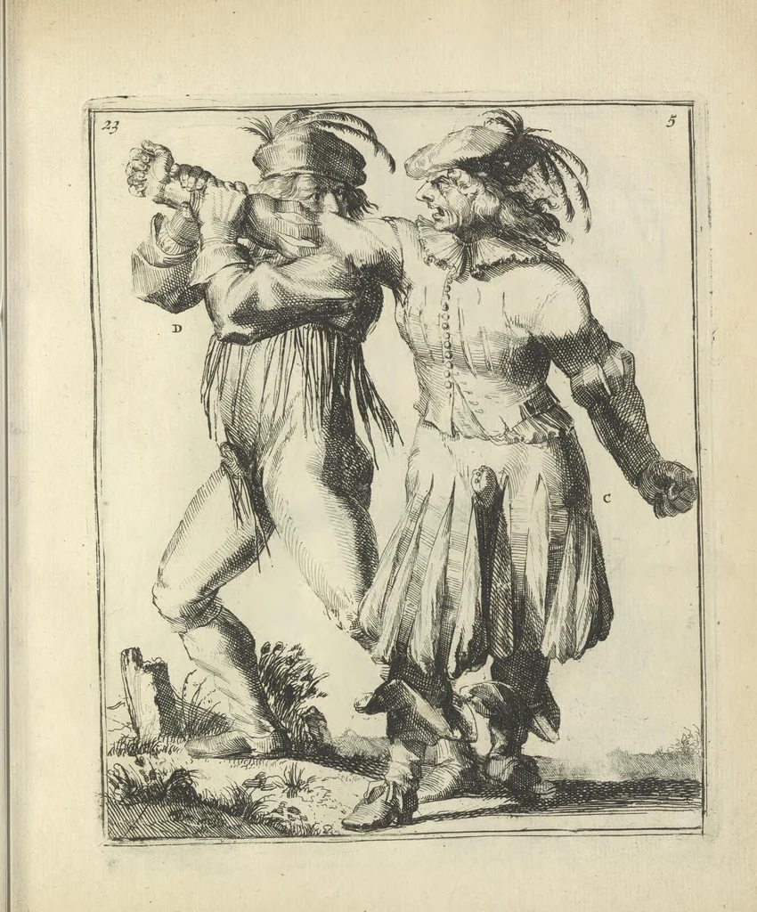 An illustration from Der Künstliche Ringer : oder dess Weyland Wolgeübeten und Berühmten Ring-Meisters Niclaus Petters Kurtze, jedoch Klare Unterweisung und Anleitung zu der Fürtrefflichen Ringe-Kunst: Daraus zulehrnen, evie man sich bey allerhand vorfallenden Schlägereyen fürsichtig beschützen, alle unredliche Anfälle ... abkehren, und seinem bosshafften Ansprenger Kunstgeschicklich begegnen könne, 1674, leaf 74