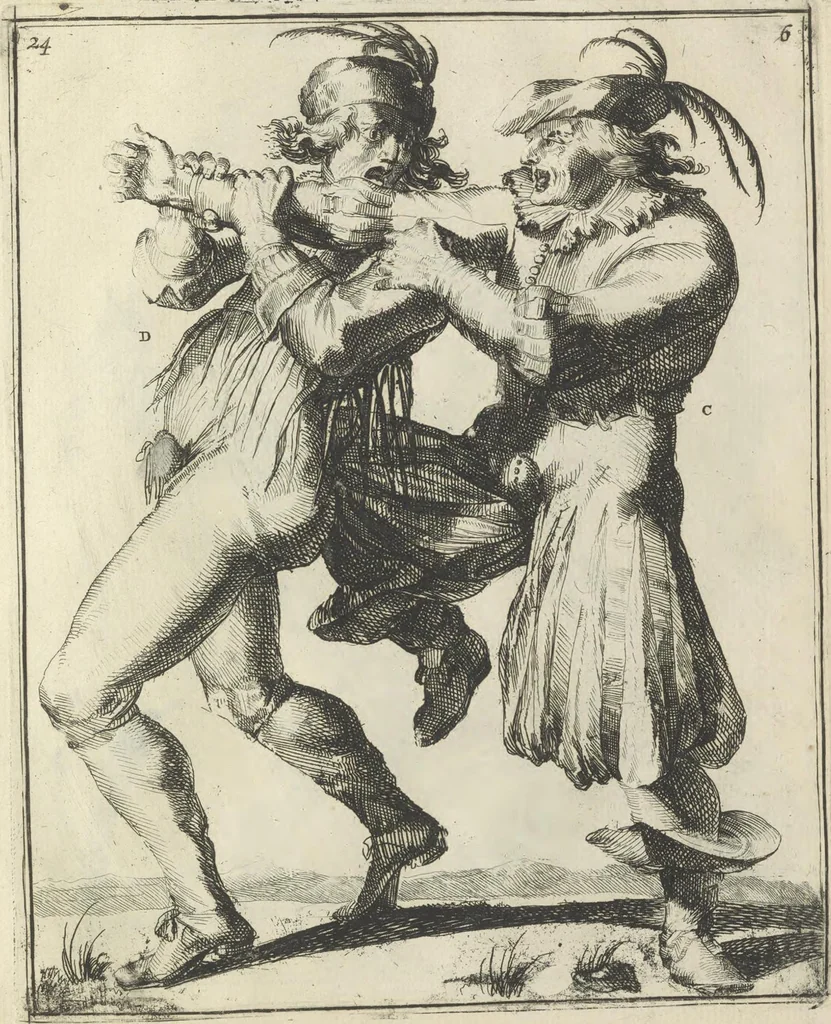 An illustration from Der Künstliche Ringer : oder dess Weyland Wolgeübeten und Berühmten Ring-Meisters Niclaus Petters Kurtze, jedoch Klare Unterweisung und Anleitung zu der Fürtrefflichen Ringe-Kunst: Daraus zulehrnen, evie man sich bey allerhand vorfallenden Schlägereyen fürsichtig beschützen, alle unredliche Anfälle ... abkehren, und seinem bosshafften Ansprenger Kunstgeschicklich begegnen könne, 1674, leaf 76
