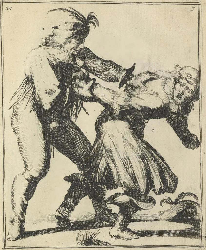 An illustration from Der Künstliche Ringer : oder dess Weyland Wolgeübeten und Berühmten Ring-Meisters Niclaus Petters Kurtze, jedoch Klare Unterweisung und Anleitung zu der Fürtrefflichen Ringe-Kunst: Daraus zulehrnen, evie man sich bey allerhand vorfallenden Schlägereyen fürsichtig beschützen, alle unredliche Anfälle ... abkehren, und seinem bosshafften Ansprenger Kunstgeschicklich begegnen könne, 1674, leaf 78