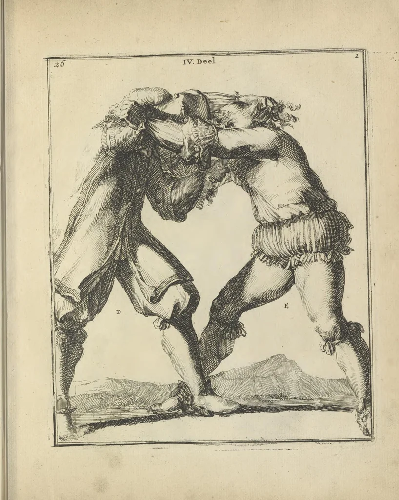 An illustration from Der Künstliche Ringer : oder dess Weyland Wolgeübeten und Berühmten Ring-Meisters Niclaus Petters Kurtze, jedoch Klare Unterweisung und Anleitung zu der Fürtrefflichen Ringe-Kunst: Daraus zulehrnen, evie man sich bey allerhand vorfallenden Schlägereyen fürsichtig beschützen, alle unredliche Anfälle ... abkehren, und seinem bosshafften Ansprenger Kunstgeschicklich begegnen könne, 1674, leaf 80