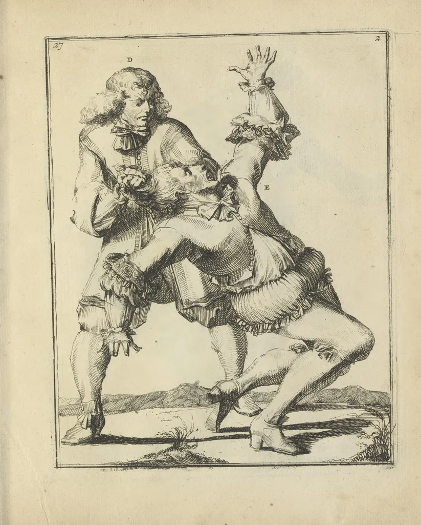 An illustration from Der Künstliche Ringer : oder dess Weyland Wolgeübeten und Berühmten Ring-Meisters Niclaus Petters Kurtze, jedoch Klare Unterweisung und Anleitung zu der Fürtrefflichen Ringe-Kunst: Daraus zulehrnen, evie man sich bey allerhand vorfallenden Schlägereyen fürsichtig beschützen, alle unredliche Anfälle ... abkehren, und seinem bosshafften Ansprenger Kunstgeschicklich begegnen könne, 1674, leaf 82