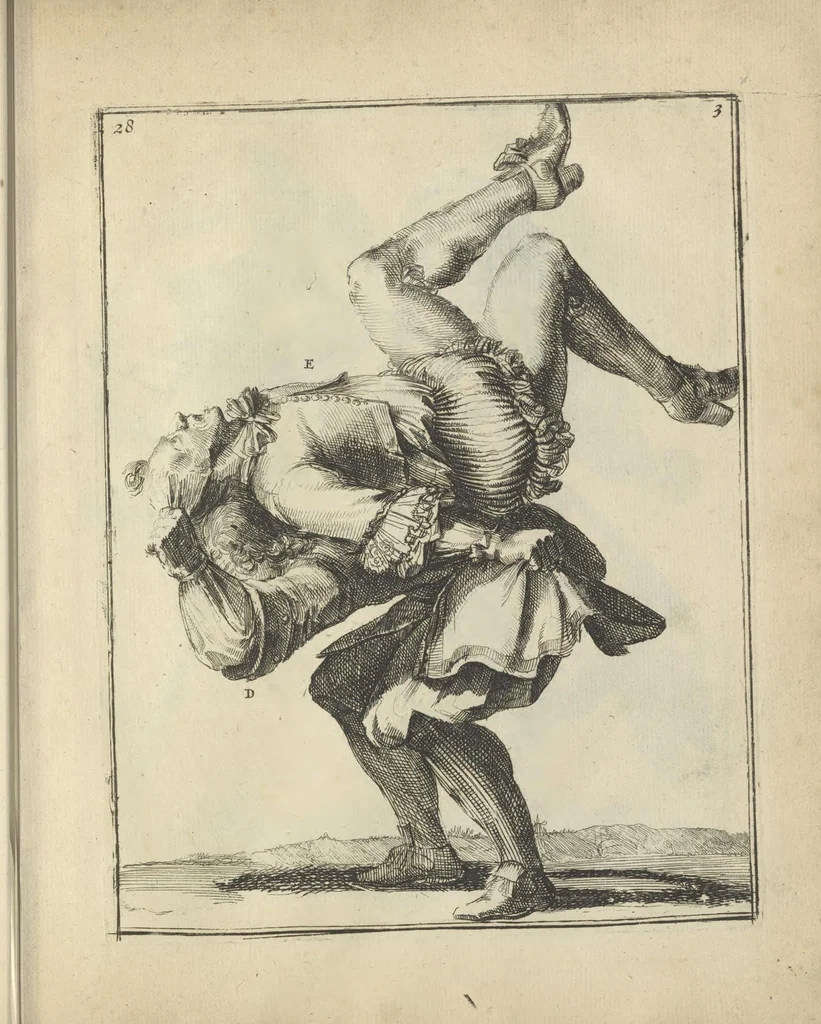 An illustration from Der Künstliche Ringer : oder dess Weyland Wolgeübeten und Berühmten Ring-Meisters Niclaus Petters Kurtze, jedoch Klare Unterweisung und Anleitung zu der Fürtrefflichen Ringe-Kunst: Daraus zulehrnen, evie man sich bey allerhand vorfallenden Schlägereyen fürsichtig beschützen, alle unredliche Anfälle ... abkehren, und seinem bosshafften Ansprenger Kunstgeschicklich begegnen könne, 1674, leaf 84