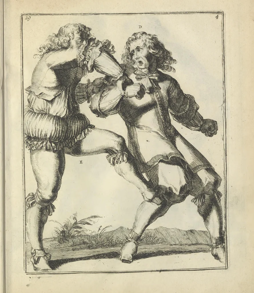 An illustration from Der Künstliche Ringer : oder dess Weyland Wolgeübeten und Berühmten Ring-Meisters Niclaus Petters Kurtze, jedoch Klare Unterweisung und Anleitung zu der Fürtrefflichen Ringe-Kunst: Daraus zulehrnen, evie man sich bey allerhand vorfallenden Schlägereyen fürsichtig beschützen, alle unredliche Anfälle ... abkehren, und seinem bosshafften Ansprenger Kunstgeschicklich begegnen könne, 1674, leaf 86
