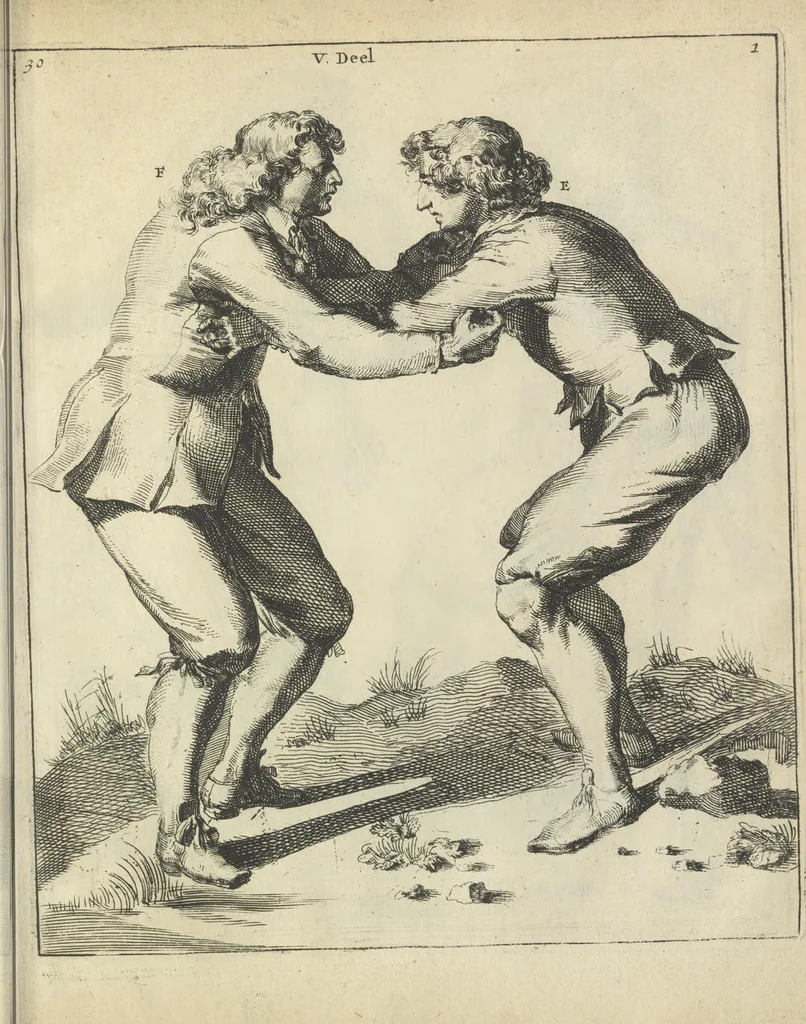 An illustration from Der Künstliche Ringer : oder dess Weyland Wolgeübeten und Berühmten Ring-Meisters Niclaus Petters Kurtze, jedoch Klare Unterweisung und Anleitung zu der Fürtrefflichen Ringe-Kunst: Daraus zulehrnen, evie man sich bey allerhand vorfallenden Schlägereyen fürsichtig beschützen, alle unredliche Anfälle ... abkehren, und seinem bosshafften Ansprenger Kunstgeschicklich begegnen könne, 1674, leaf 88