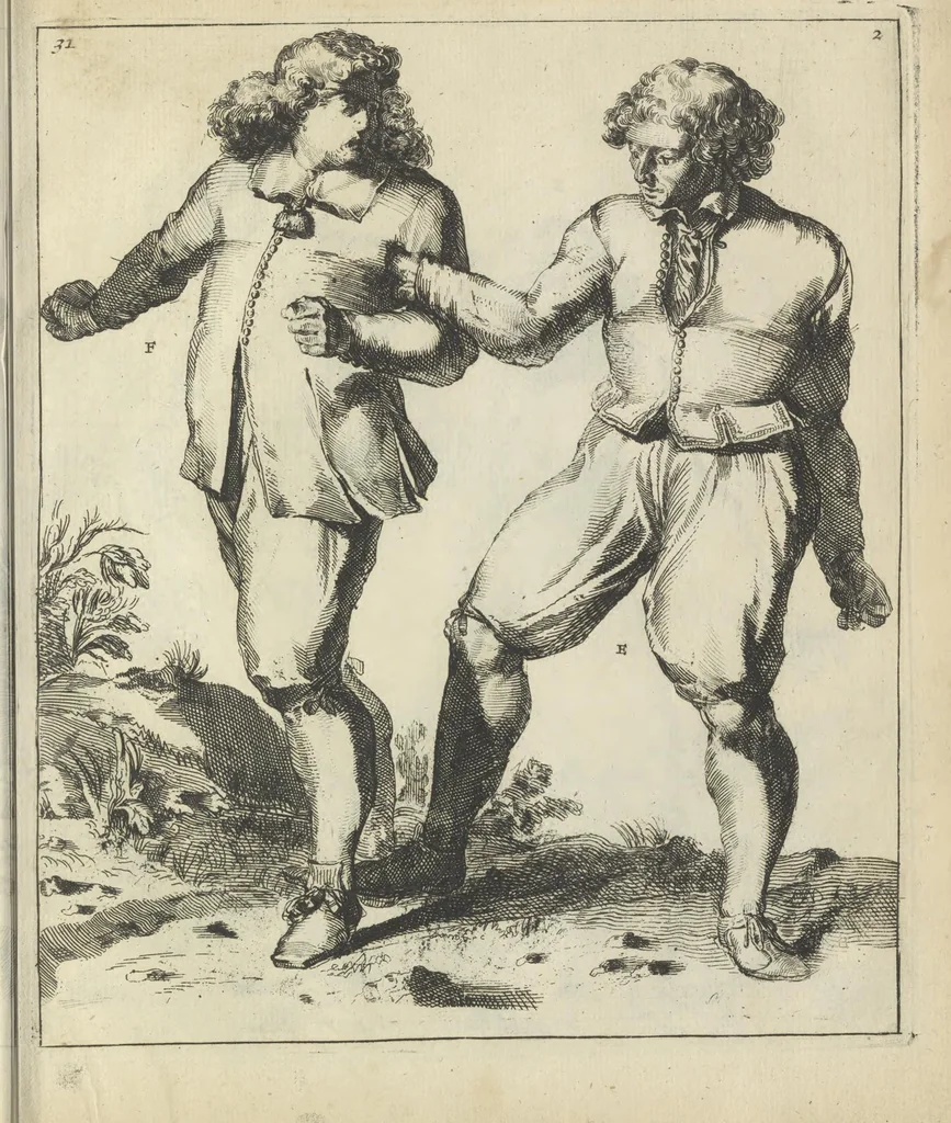 An illustration from Der Künstliche Ringer : oder dess Weyland Wolgeübeten und Berühmten Ring-Meisters Niclaus Petters Kurtze, jedoch Klare Unterweisung und Anleitung zu der Fürtrefflichen Ringe-Kunst: Daraus zulehrnen, evie man sich bey allerhand vorfallenden Schlägereyen fürsichtig beschützen, alle unredliche Anfälle ... abkehren, und seinem bosshafften Ansprenger Kunstgeschicklich begegnen könne, 1674, leaf 90