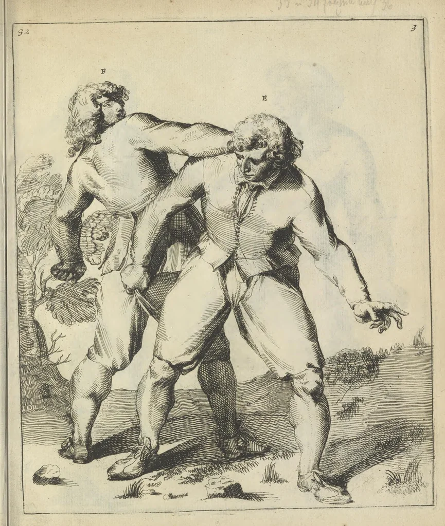An illustration from Der Künstliche Ringer : oder dess Weyland Wolgeübeten und Berühmten Ring-Meisters Niclaus Petters Kurtze, jedoch Klare Unterweisung und Anleitung zu der Fürtrefflichen Ringe-Kunst: Daraus zulehrnen, evie man sich bey allerhand vorfallenden Schlägereyen fürsichtig beschützen, alle unredliche Anfälle ... abkehren, und seinem bosshafften Ansprenger Kunstgeschicklich begegnen könne, 1674, leaf 92