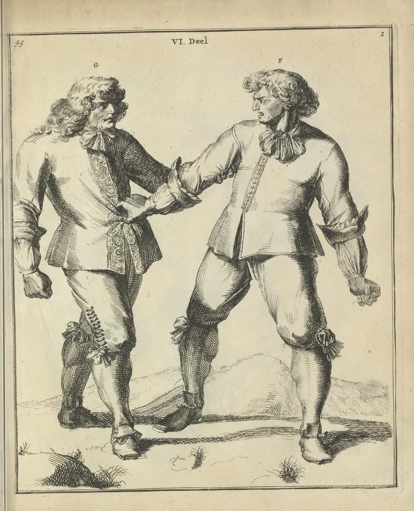 An illustration from Der Künstliche Ringer : oder dess Weyland Wolgeübeten und Berühmten Ring-Meisters Niclaus Petters Kurtze, jedoch Klare Unterweisung und Anleitung zu der Fürtrefflichen Ringe-Kunst: Daraus zulehrnen, evie man sich bey allerhand vorfallenden Schlägereyen fürsichtig beschützen, alle unredliche Anfälle ... abkehren, und seinem bosshafften Ansprenger Kunstgeschicklich begegnen könne, 1674, leaf 94