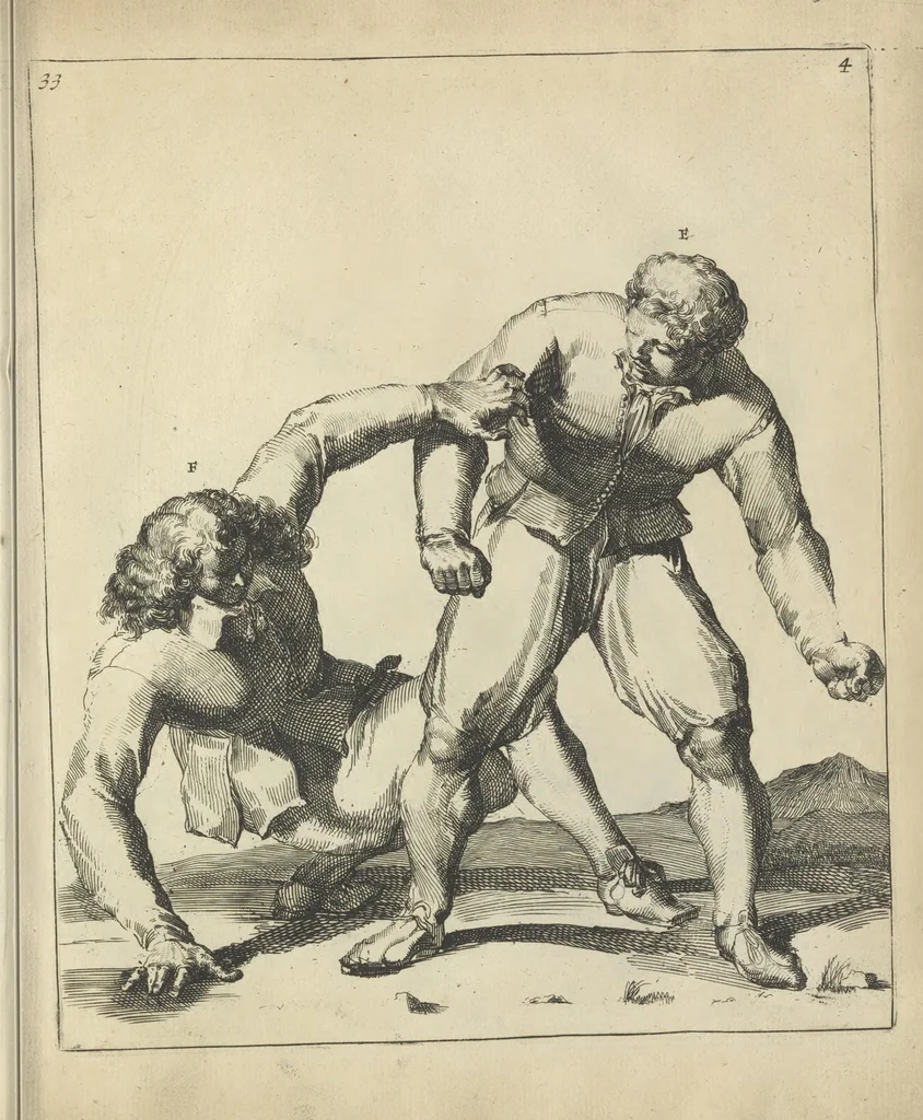 An illustration from Der Künstliche Ringer : oder dess Weyland Wolgeübeten und Berühmten Ring-Meisters Niclaus Petters Kurtze, jedoch Klare Unterweisung und Anleitung zu der Fürtrefflichen Ringe-Kunst: Daraus zulehrnen, evie man sich bey allerhand vorfallenden Schlägereyen fürsichtig beschützen, alle unredliche Anfälle ... abkehren, und seinem bosshafften Ansprenger Kunstgeschicklich begegnen könne, 1674, leaf 98