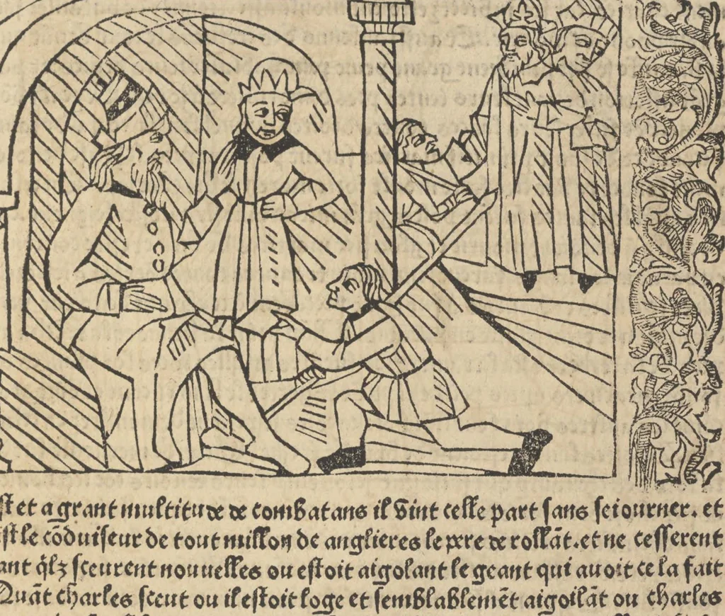 An illustration from Le roman de Fierabras, 1489, leaf 148