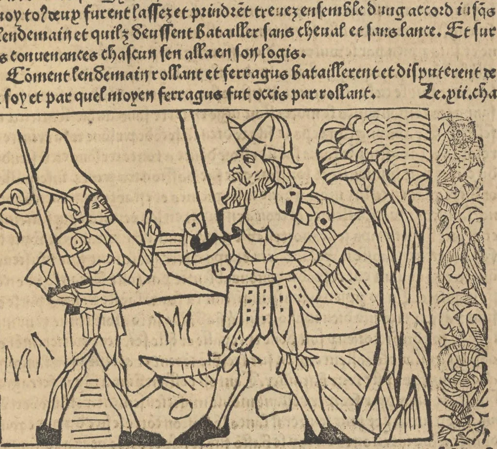 An illustration from Le roman de Fierabras, 1489, leaf 158