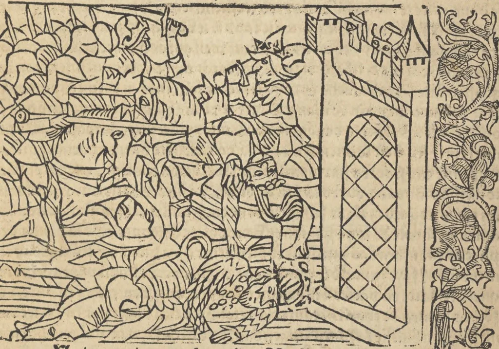 An illustration from Le roman de Fierabras, 1489, leaf 74