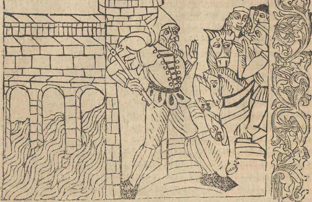 An illustration from Le roman de Fierabras, 1489, leaf 77