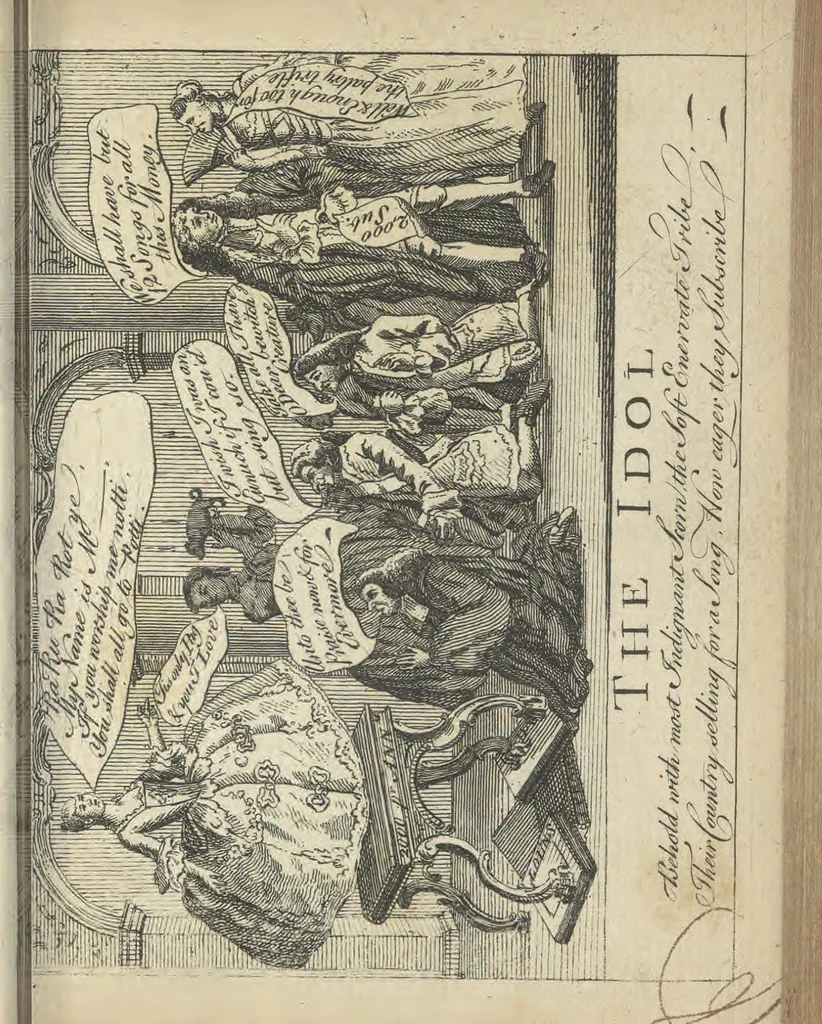 An illustration from England's remembrancer: or, A humorous, sarcastical, and political collection of characters and caricaturas : containing, an account of men famous and infamous... in short, of every thing that engaged the public attention during 1756 and 1757. In copper-plates. To which is prefixed, a key, explanatory of the nature and design of each, by the great masters themselves, 1758, leaf 100