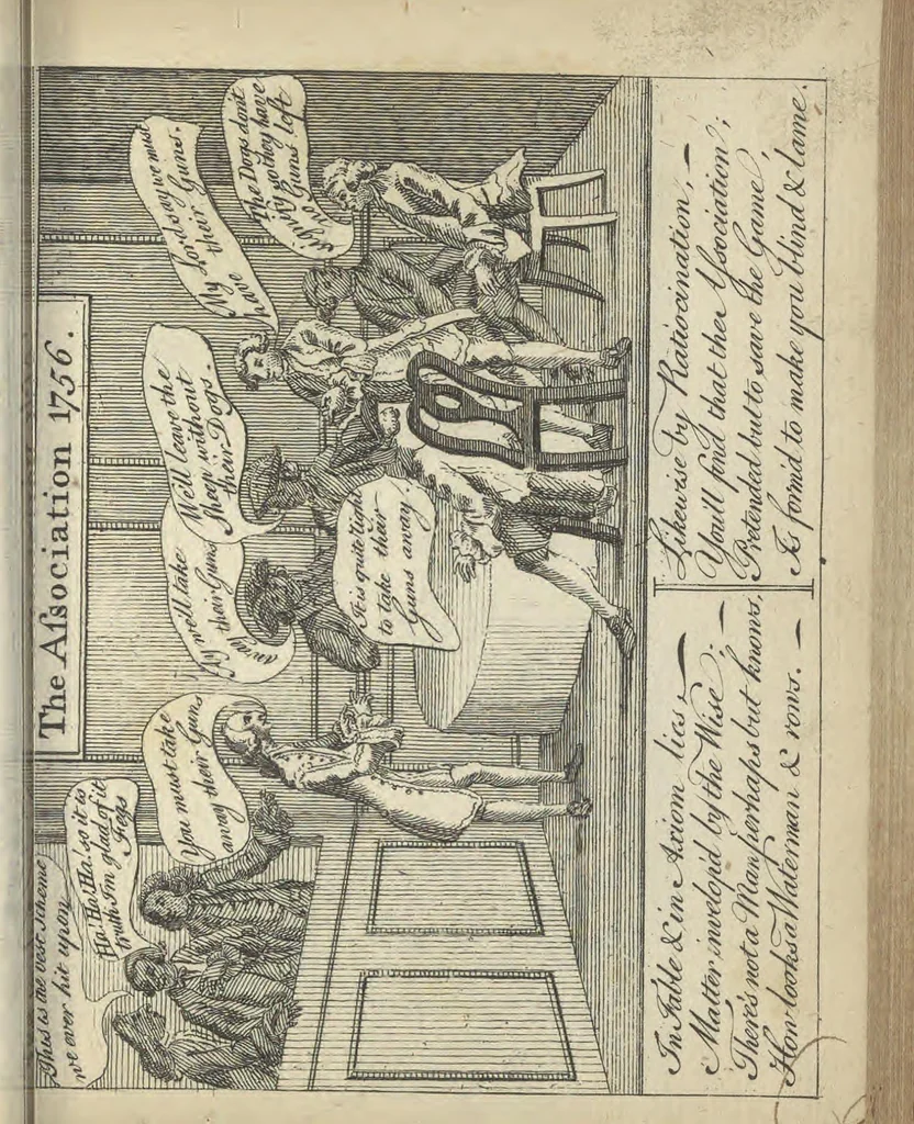 An illustration from England's remembrancer: or, A humorous, sarcastical, and political collection of characters and caricaturas : containing, an account of men famous and infamous... in short, of every thing that engaged the public attention during 1756 and 1757. In copper-plates. To which is prefixed, a key, explanatory of the nature and design of each, by the great masters themselves, 1758, leaf 102