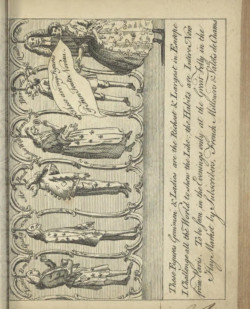 An illustration from England's remembrancer: or, A humorous, sarcastical, and political collection of characters and caricaturas : containing, an account of men famous and infamous... in short, of every thing that engaged the public attention during 1756 and 1757. In copper-plates. To which is prefixed, a key, explanatory of the nature and design of each, by the great masters themselves, 1758, leaf 106