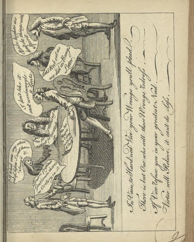 An illustration from England's remembrancer: or, A humorous, sarcastical, and political collection of characters and caricaturas : containing, an account of men famous and infamous... in short, of every thing that engaged the public attention during 1756 and 1757. In copper-plates. To which is prefixed, a key, explanatory of the nature and design of each, by the great masters themselves, 1758, leaf 112