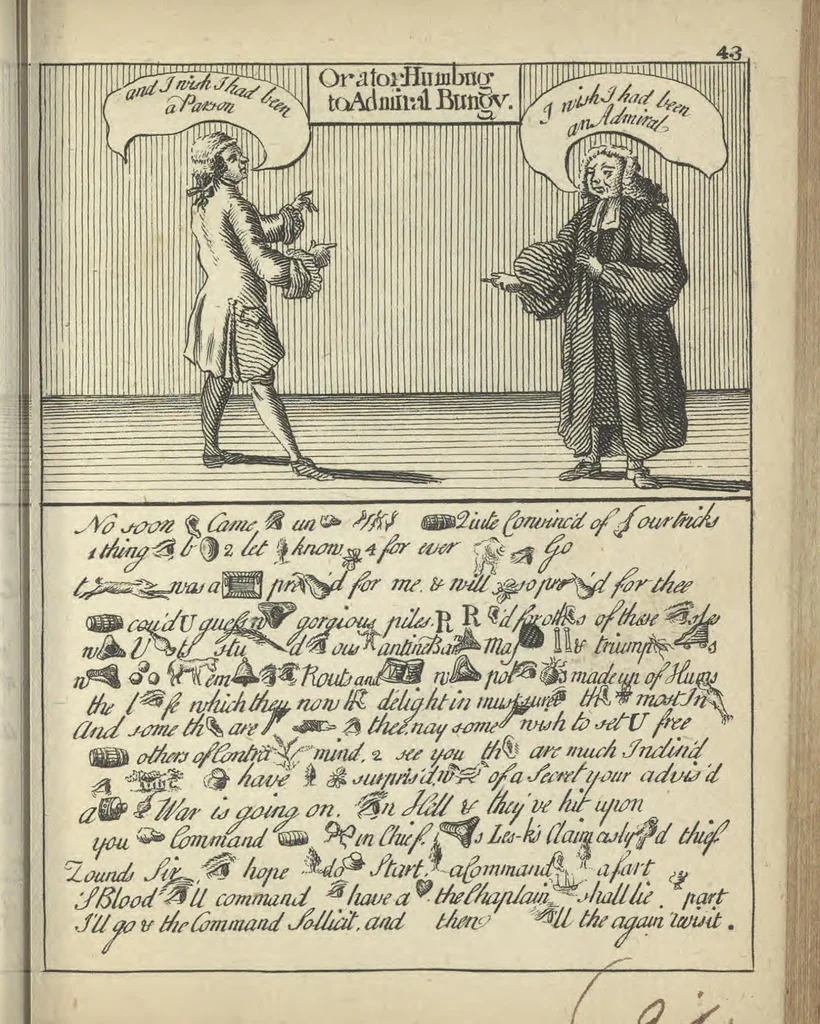 An illustration from England's remembrancer: or, A humorous, sarcastical, and political collection of characters and caricaturas : containing, an account of men famous and infamous... in short, of every thing that engaged the public attention during 1756 and 1757. In copper-plates. To which is prefixed, a key, explanatory of the nature and design of each, by the great masters themselves, 1758, leaf 118