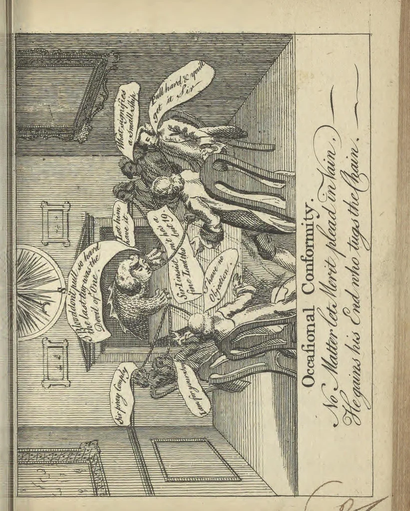 An illustration from England's remembrancer: or, A humorous, sarcastical, and political collection of characters and caricaturas : containing, an account of men famous and infamous... in short, of every thing that engaged the public attention during 1756 and 1757. In copper-plates. To which is prefixed, a key, explanatory of the nature and design of each, by the great masters themselves, 1758, leaf 120
