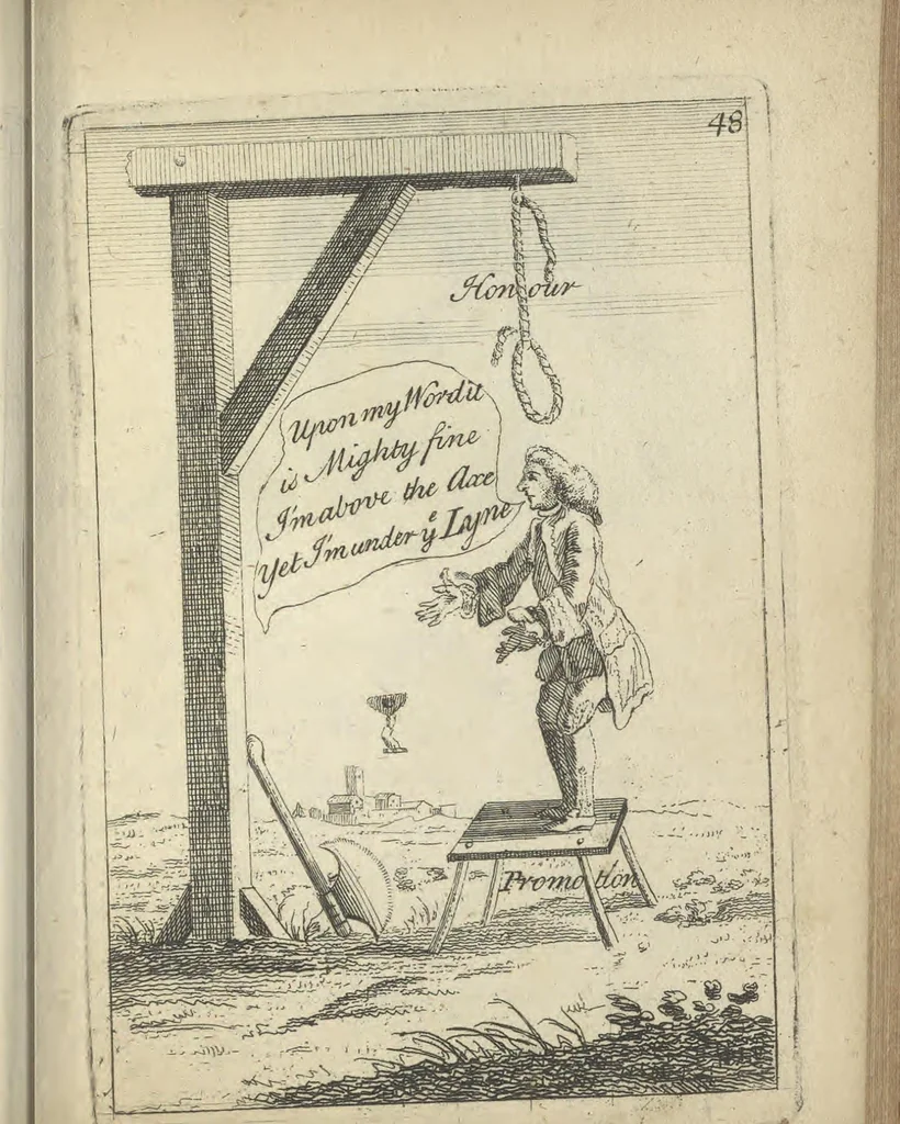 An illustration from England's remembrancer: or, A humorous, sarcastical, and political collection of characters and caricaturas : containing, an account of men famous and infamous... in short, of every thing that engaged the public attention during 1756 and 1757. In copper-plates. To which is prefixed, a key, explanatory of the nature and design of each, by the great masters themselves, 1758, leaf 128