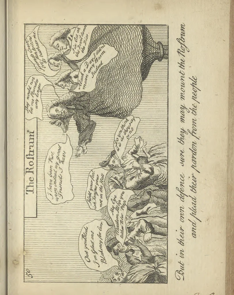 An illustration from England's remembrancer: or, A humorous, sarcastical, and political collection of characters and caricaturas : containing, an account of men famous and infamous... in short, of every thing that engaged the public attention during 1756 and 1757. In copper-plates. To which is prefixed, a key, explanatory of the nature and design of each, by the great masters themselves, 1758, leaf 132
