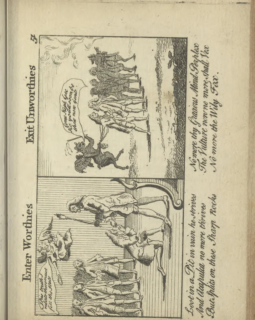 An illustration from England's remembrancer: or, A humorous, sarcastical, and political collection of characters and caricaturas : containing, an account of men famous and infamous... in short, of every thing that engaged the public attention during 1756 and 1757. In copper-plates. To which is prefixed, a key, explanatory of the nature and design of each, by the great masters themselves, 1758, leaf 134