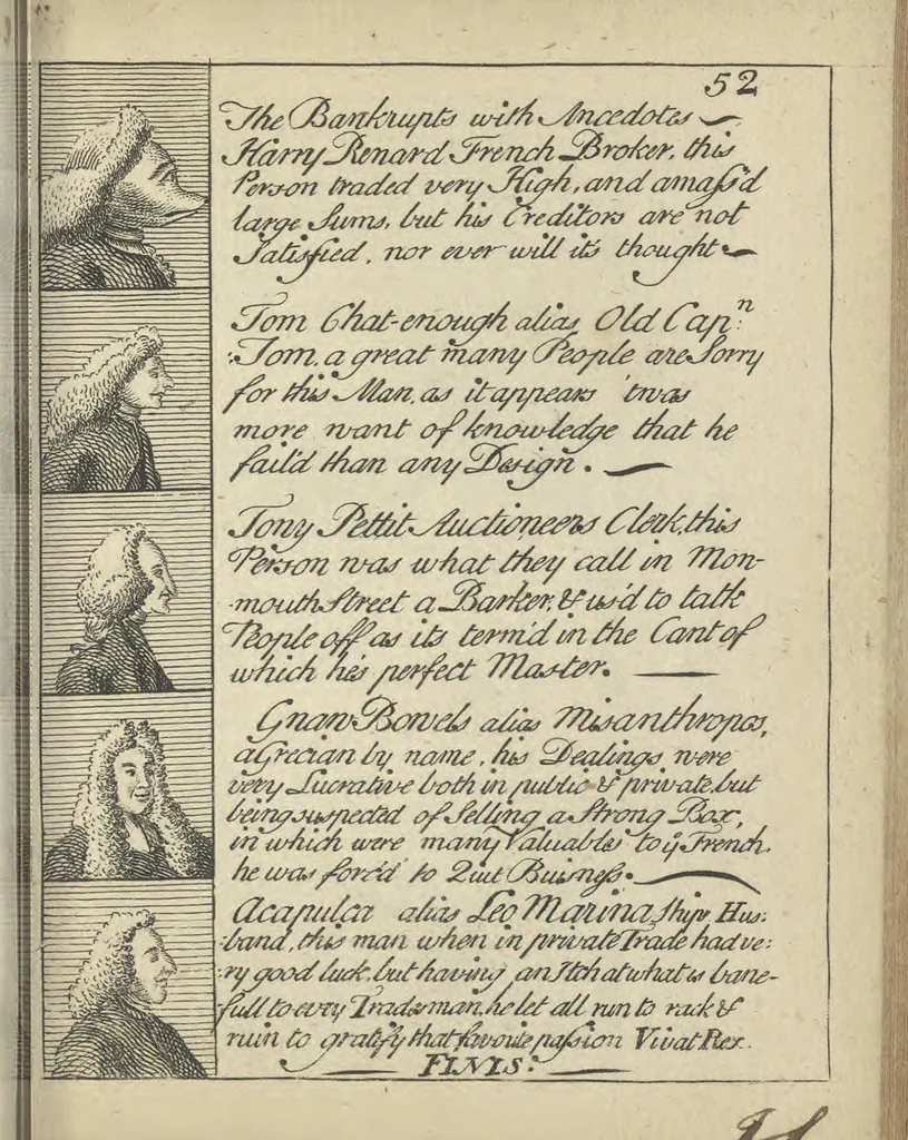 An illustration from England's remembrancer: or, A humorous, sarcastical, and political collection of characters and caricaturas : containing, an account of men famous and infamous... in short, of every thing that engaged the public attention during 1756 and 1757. In copper-plates. To which is prefixed, a key, explanatory of the nature and design of each, by the great masters themselves, 1758, leaf 136