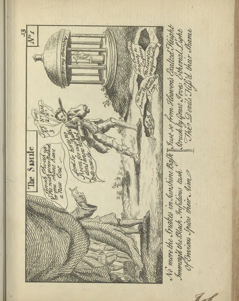 An illustration from England's remembrancer: or, A humorous, sarcastical, and political collection of characters and caricaturas : containing, an account of men famous and infamous... in short, of every thing that engaged the public attention during 1756 and 1757. In copper-plates. To which is prefixed, a key, explanatory of the nature and design of each, by the great masters themselves, 1758, leaf 138