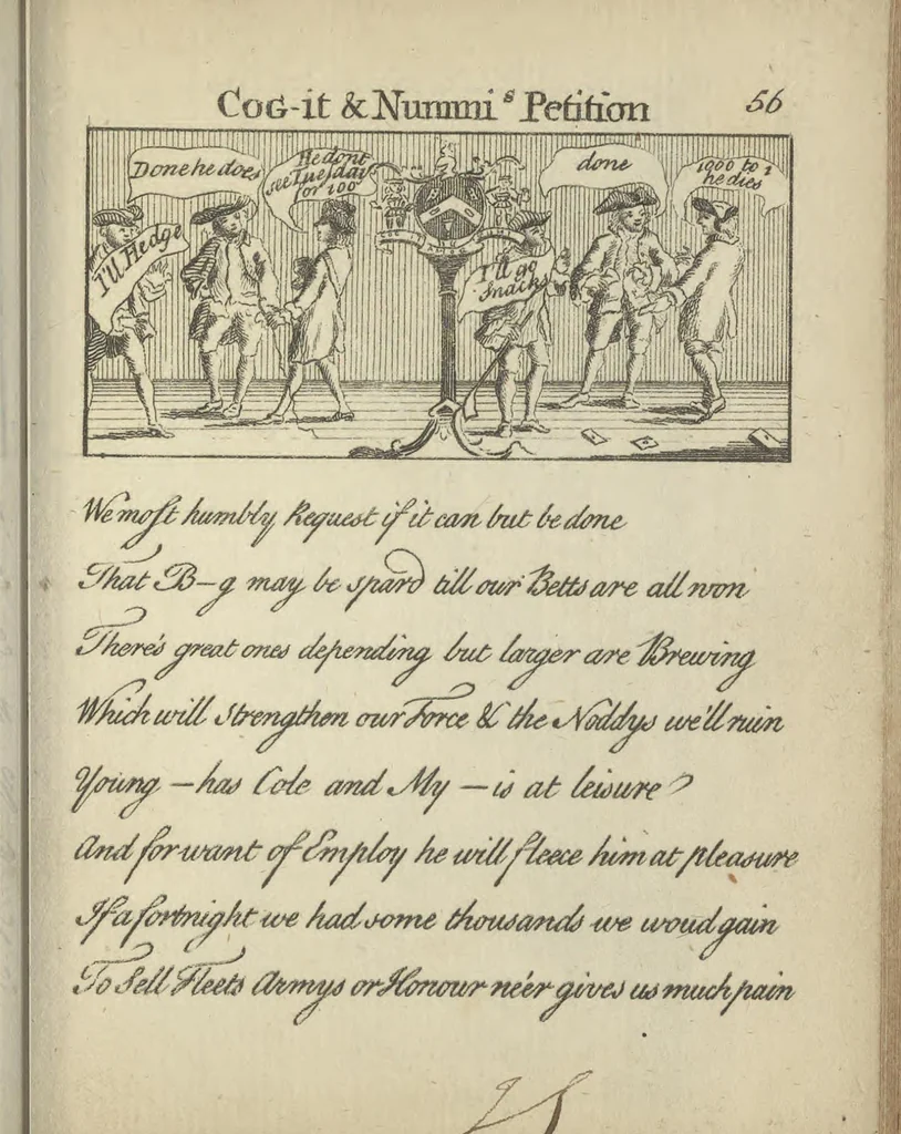 An illustration from England's remembrancer: or, A humorous, sarcastical, and political collection of characters and caricaturas : containing, an account of men famous and infamous... in short, of every thing that engaged the public attention during 1756 and 1757. In copper-plates. To which is prefixed, a key, explanatory of the nature and design of each, by the great masters themselves, 1758, leaf 144