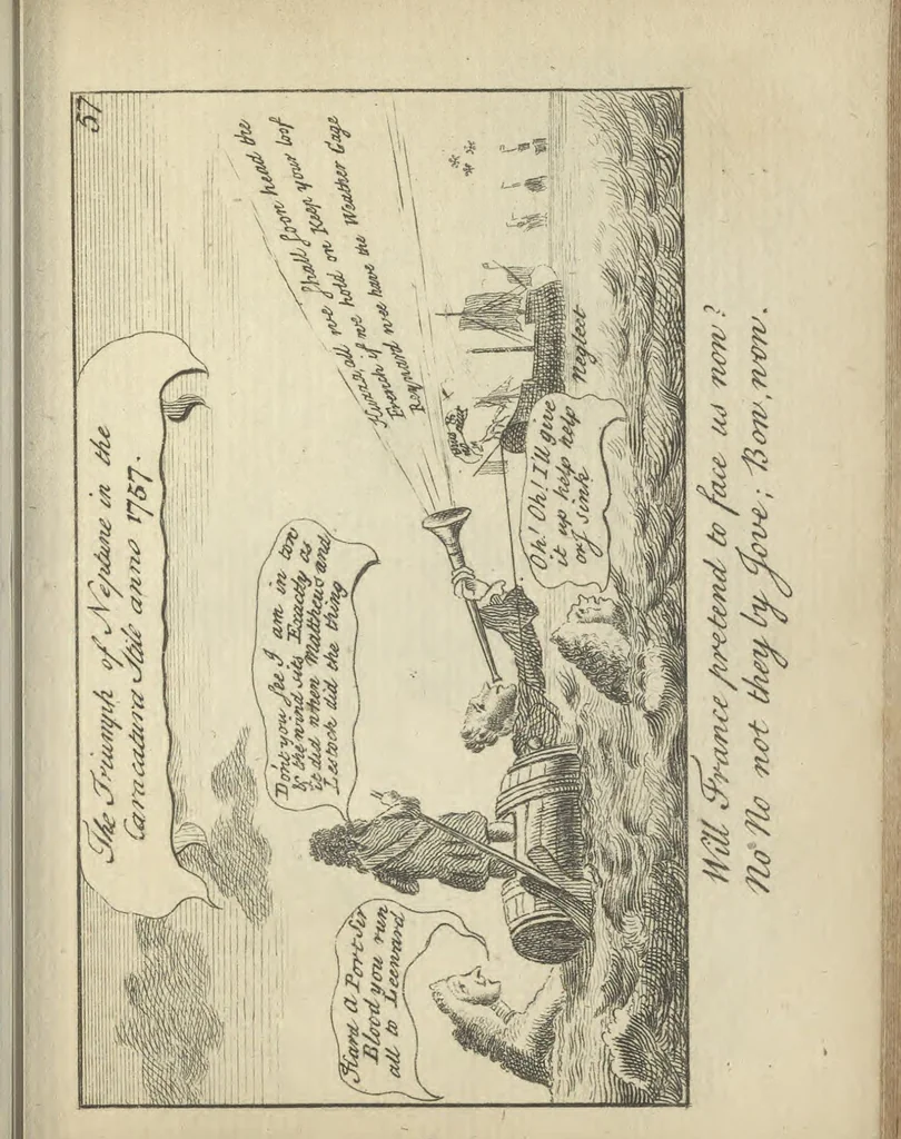 An illustration from England's remembrancer: or, A humorous, sarcastical, and political collection of characters and caricaturas : containing, an account of men famous and infamous... in short, of every thing that engaged the public attention during 1756 and 1757. In copper-plates. To which is prefixed, a key, explanatory of the nature and design of each, by the great masters themselves, 1758, leaf 146