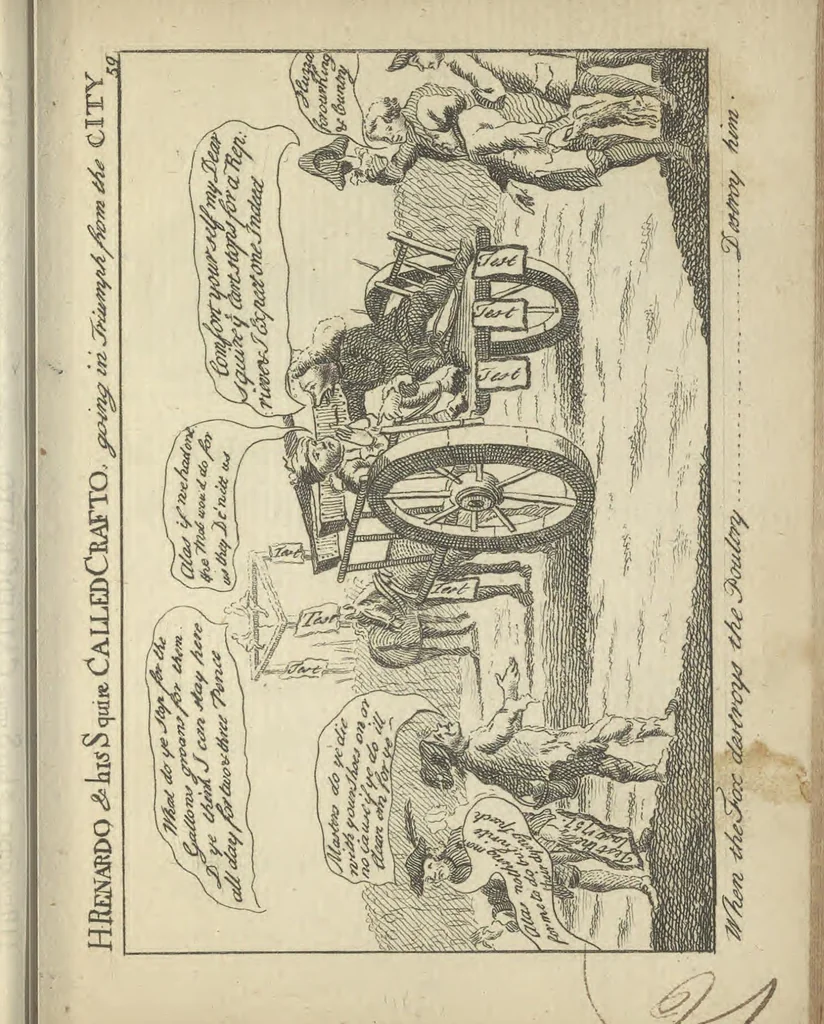 An illustration from England's remembrancer: or, A humorous, sarcastical, and political collection of characters and caricaturas : containing, an account of men famous and infamous... in short, of every thing that engaged the public attention during 1756 and 1757. In copper-plates. To which is prefixed, a key, explanatory of the nature and design of each, by the great masters themselves, 1758, leaf 150