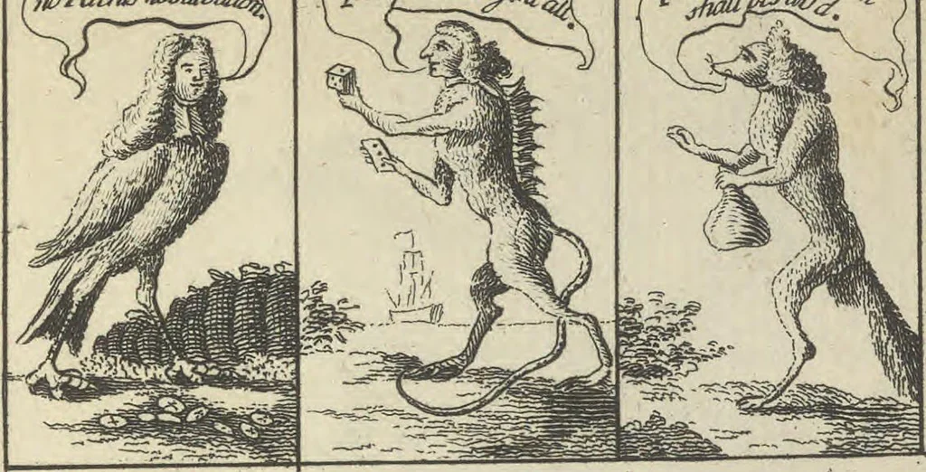 An illustration from England's remembrancer: or, A humorous, sarcastical, and political collection of characters and caricaturas : containing, an account of men famous and infamous... in short, of every thing that engaged the public attention during 1756 and 1757. In copper-plates. To which is prefixed, a key, explanatory of the nature and design of each, by the great masters themselves, 1758, leaf 152