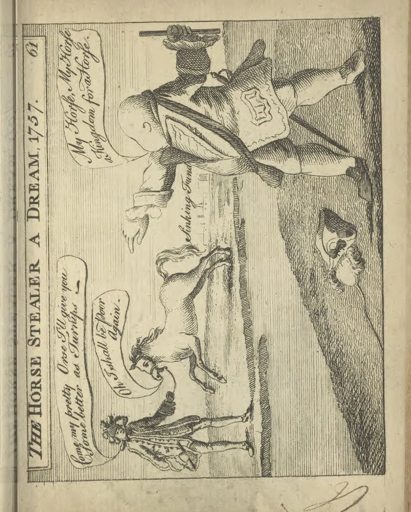 An illustration from England's remembrancer: or, A humorous, sarcastical, and political collection of characters and caricaturas : containing, an account of men famous and infamous... in short, of every thing that engaged the public attention during 1756 and 1757. In copper-plates. To which is prefixed, a key, explanatory of the nature and design of each, by the great masters themselves, 1758, leaf 154