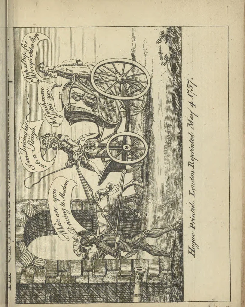 An illustration from England's remembrancer: or, A humorous, sarcastical, and political collection of characters and caricaturas : containing, an account of men famous and infamous... in short, of every thing that engaged the public attention during 1756 and 1757. In copper-plates. To which is prefixed, a key, explanatory of the nature and design of each, by the great masters themselves, 1758, leaf 156