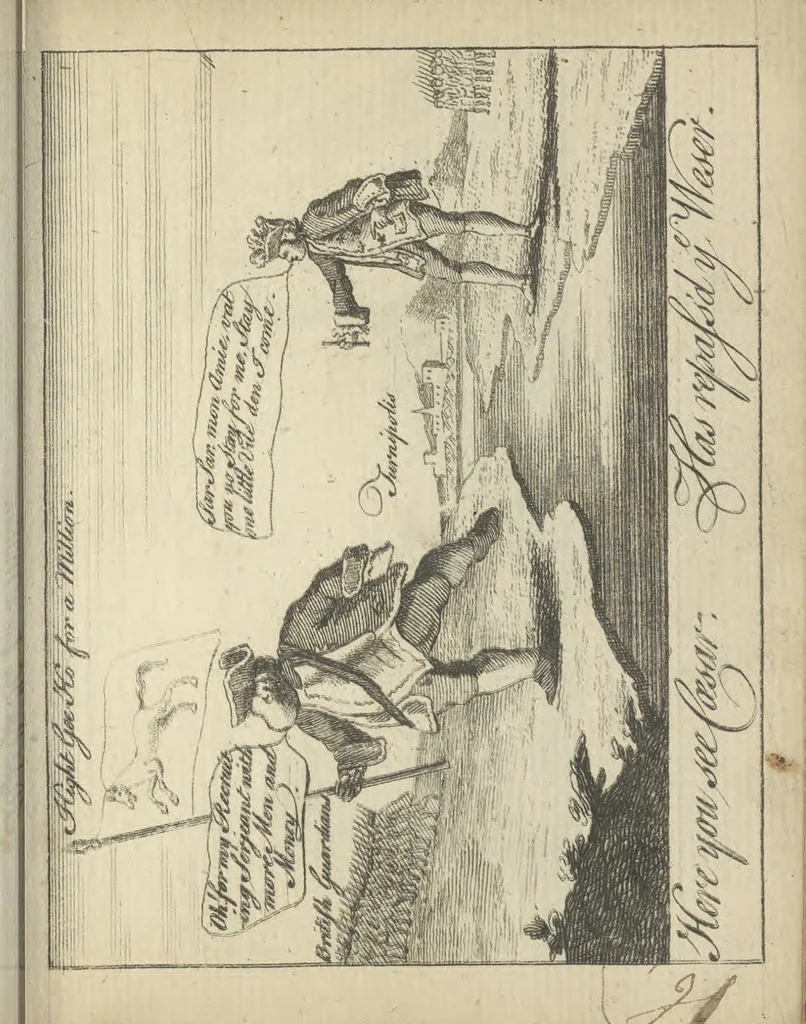 An illustration from England's remembrancer: or, A humorous, sarcastical, and political collection of characters and caricaturas : containing, an account of men famous and infamous... in short, of every thing that engaged the public attention during 1756 and 1757. In copper-plates. To which is prefixed, a key, explanatory of the nature and design of each, by the great masters themselves, 1758, leaf 158