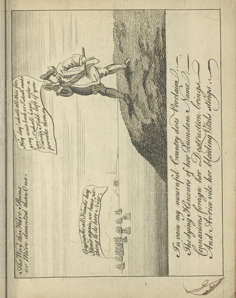 An illustration from England's remembrancer: or, A humorous, sarcastical, and political collection of characters and caricaturas : containing, an account of men famous and infamous... in short, of every thing that engaged the public attention during 1756 and 1757. In copper-plates. To which is prefixed, a key, explanatory of the nature and design of each, by the great masters themselves, 1758, leaf 160