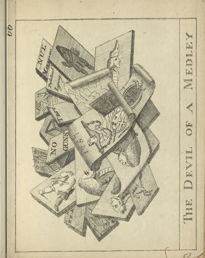 An illustration from England's remembrancer: or, A humorous, sarcastical, and political collection of characters and caricaturas : containing, an account of men famous and infamous... in short, of every thing that engaged the public attention during 1756 and 1757. In copper-plates. To which is prefixed, a key, explanatory of the nature and design of each, by the great masters themselves, 1758, leaf 164
