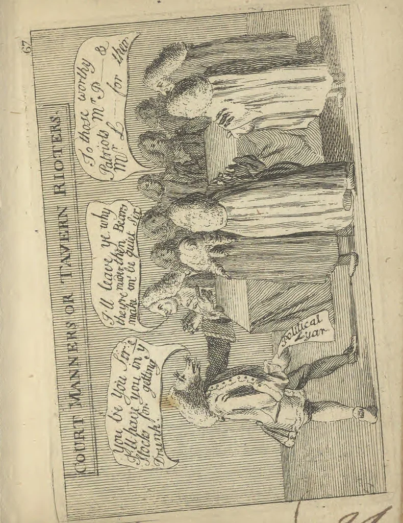 An illustration from England's remembrancer: or, A humorous, sarcastical, and political collection of characters and caricaturas : containing, an account of men famous and infamous... in short, of every thing that engaged the public attention during 1756 and 1757. In copper-plates. To which is prefixed, a key, explanatory of the nature and design of each, by the great masters themselves, 1758, leaf 166