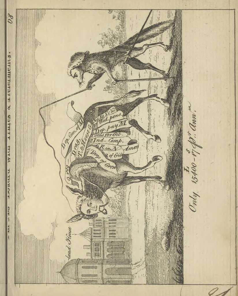 An illustration from England's remembrancer: or, A humorous, sarcastical, and political collection of characters and caricaturas : containing, an account of men famous and infamous... in short, of every thing that engaged the public attention during 1756 and 1757. In copper-plates. To which is prefixed, a key, explanatory of the nature and design of each, by the great masters themselves, 1758, leaf 168