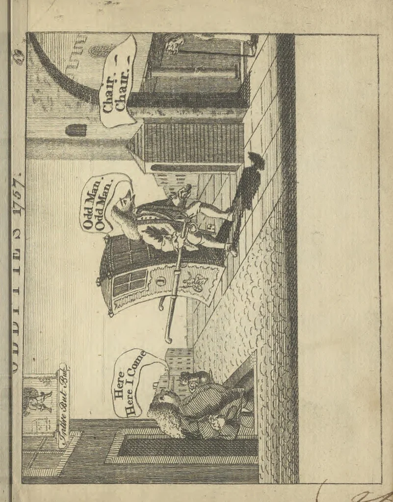 An illustration from England's remembrancer: or, A humorous, sarcastical, and political collection of characters and caricaturas : containing, an account of men famous and infamous... in short, of every thing that engaged the public attention during 1756 and 1757. In copper-plates. To which is prefixed, a key, explanatory of the nature and design of each, by the great masters themselves, 1758, leaf 170