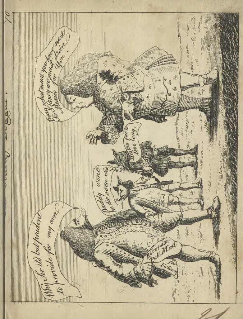 An illustration from England's remembrancer: or, A humorous, sarcastical, and political collection of characters and caricaturas : containing, an account of men famous and infamous... in short, of every thing that engaged the public attention during 1756 and 1757. In copper-plates. To which is prefixed, a key, explanatory of the nature and design of each, by the great masters themselves, 1758, leaf 172