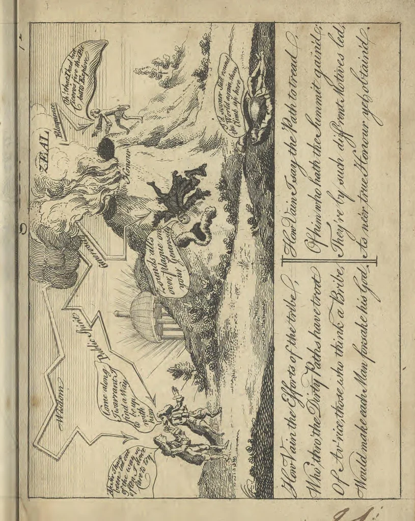 An illustration from England's remembrancer: or, A humorous, sarcastical, and political collection of characters and caricaturas : containing, an account of men famous and infamous... in short, of every thing that engaged the public attention during 1756 and 1757. In copper-plates. To which is prefixed, a key, explanatory of the nature and design of each, by the great masters themselves, 1758, leaf 174