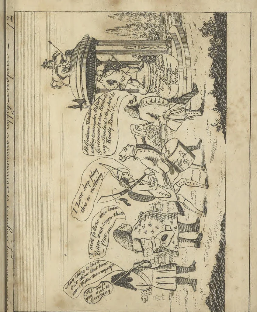 An illustration from England's remembrancer: or, A humorous, sarcastical, and political collection of characters and caricaturas : containing, an account of men famous and infamous... in short, of every thing that engaged the public attention during 1756 and 1757. In copper-plates. To which is prefixed, a key, explanatory of the nature and design of each, by the great masters themselves, 1758, leaf 176