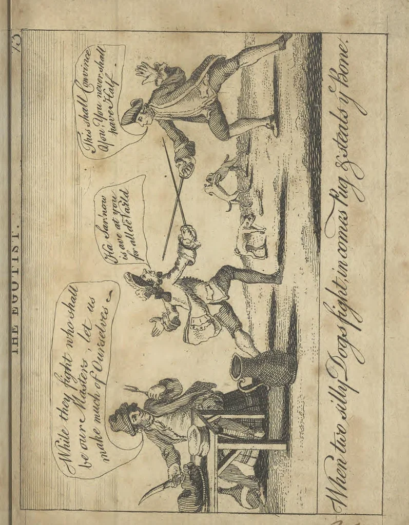 An illustration from England's remembrancer: or, A humorous, sarcastical, and political collection of characters and caricaturas : containing, an account of men famous and infamous... in short, of every thing that engaged the public attention during 1756 and 1757. In copper-plates. To which is prefixed, a key, explanatory of the nature and design of each, by the great masters themselves, 1758, leaf 178