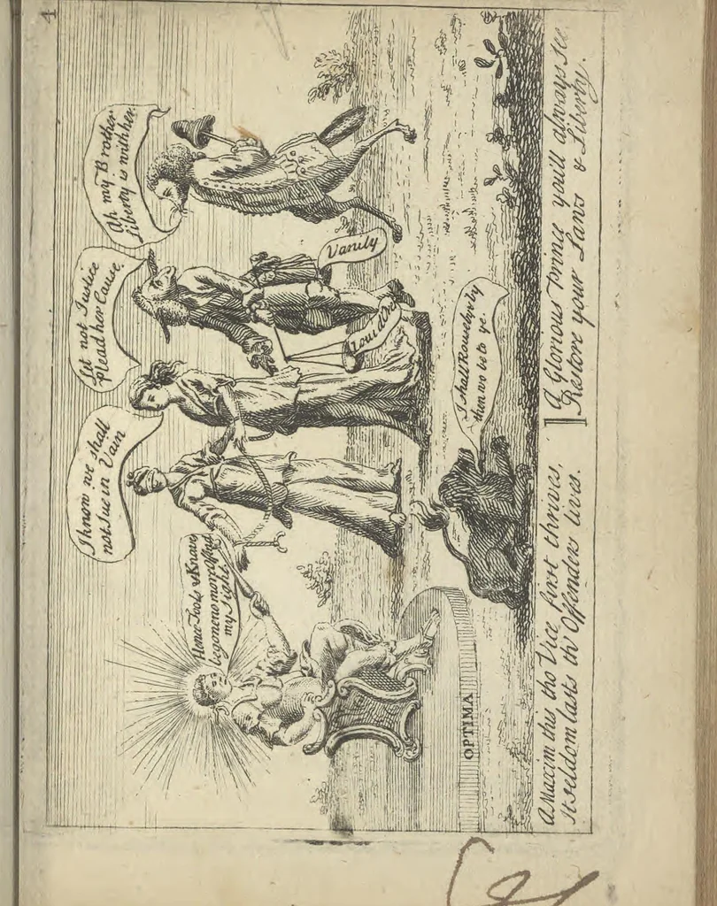 An illustration from England's remembrancer: or, A humorous, sarcastical, and political collection of characters and caricaturas : containing, an account of men famous and infamous... in short, of every thing that engaged the public attention during 1756 and 1757. In copper-plates. To which is prefixed, a key, explanatory of the nature and design of each, by the great masters themselves, 1758, leaf 40