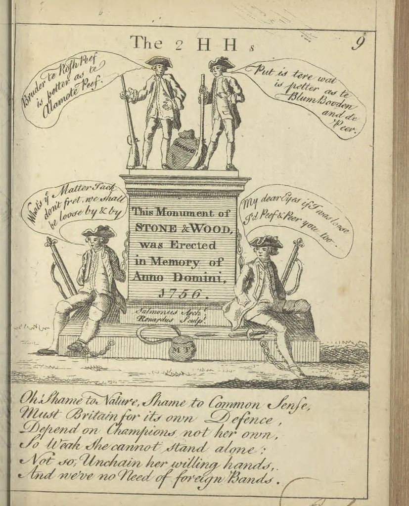 An illustration from England's remembrancer: or, A humorous, sarcastical, and political collection of characters and caricaturas : containing, an account of men famous and infamous... in short, of every thing that engaged the public attention during 1756 and 1757. In copper-plates. To which is prefixed, a key, explanatory of the nature and design of each, by the great masters themselves, 1758, leaf 50