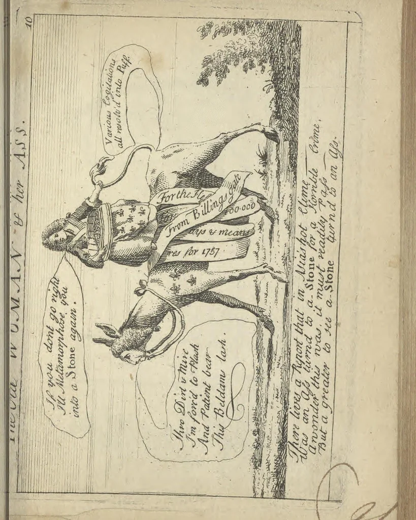 An illustration from England's remembrancer: or, A humorous, sarcastical, and political collection of characters and caricaturas : containing, an account of men famous and infamous... in short, of every thing that engaged the public attention during 1756 and 1757. In copper-plates. To which is prefixed, a key, explanatory of the nature and design of each, by the great masters themselves, 1758, leaf 52