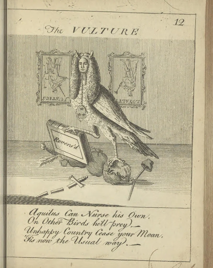 An illustration from England's remembrancer: or, A humorous, sarcastical, and political collection of characters and caricaturas : containing, an account of men famous and infamous... in short, of every thing that engaged the public attention during 1756 and 1757. In copper-plates. To which is prefixed, a key, explanatory of the nature and design of each, by the great masters themselves, 1758, leaf 56