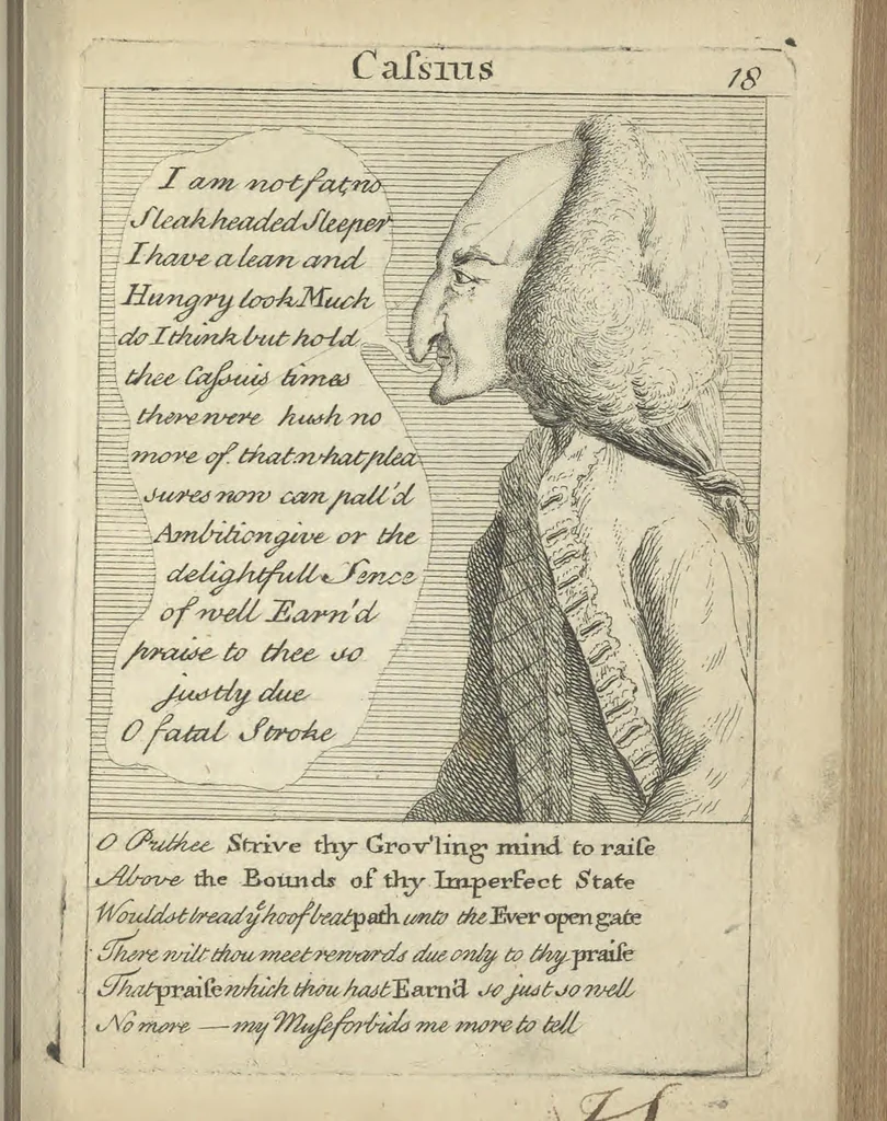An illustration from England's remembrancer: or, A humorous, sarcastical, and political collection of characters and caricaturas : containing, an account of men famous and infamous... in short, of every thing that engaged the public attention during 1756 and 1757. In copper-plates. To which is prefixed, a key, explanatory of the nature and design of each, by the great masters themselves, 1758, leaf 68